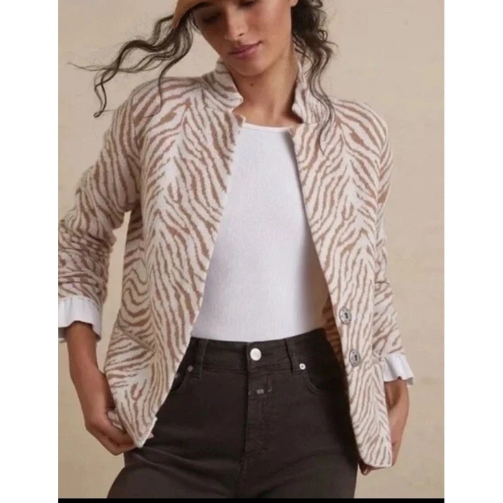 MAEVE BY ANTHROPOLOGIE Sweater Blazer XS Wool Blend Open Front Zebra Print Brown